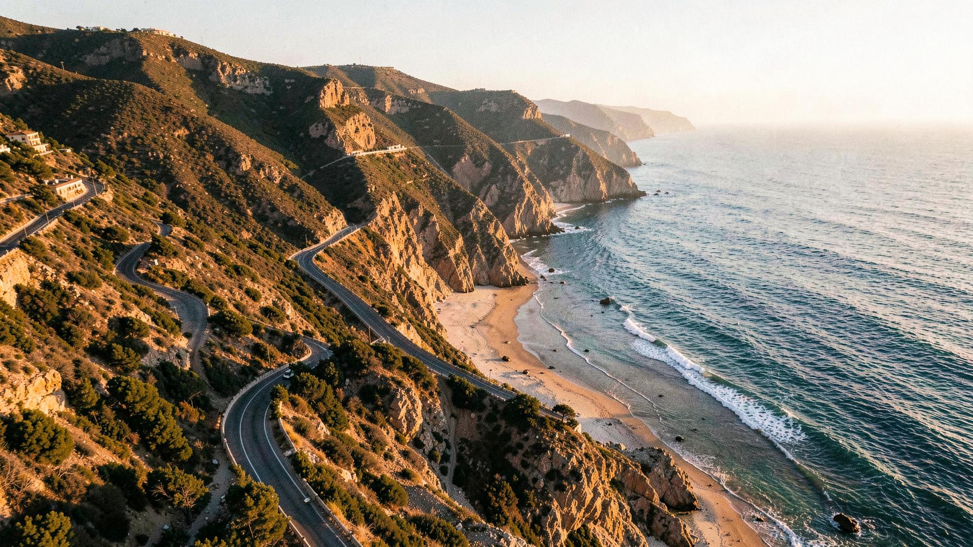 A coastal road at golden hour